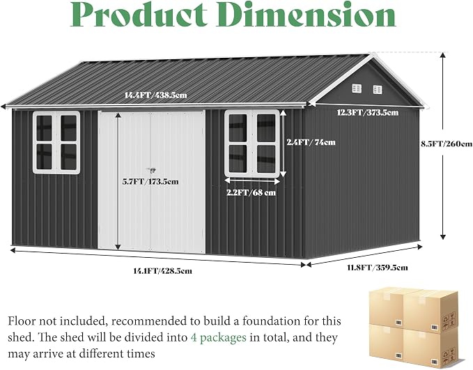 VanAcc 12 x 14FT Outdoor Storage Shed with a Lockable Hinged Door and 2 Windows, Nordic Cottage Metal Shed for Backyard, Garden, Patio, Dark Grey/White - Image 2