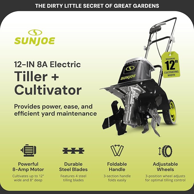 Sun Joe Electric Garden Tiller and Cultivator with 3 Position Height Adjustment Maximum 12-inch Cultivating Width and 8 Amp Motor, TJ602E - Image 2