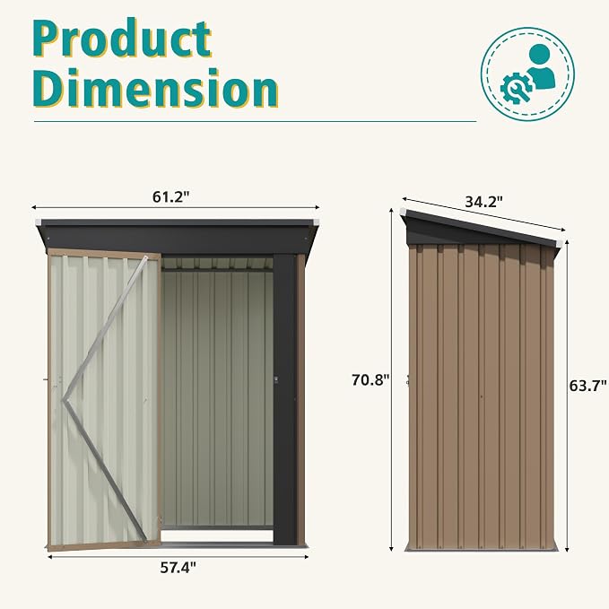 GUNJI 5 x 3 FT Shed Outdoor Storage Shed Metal Garden Shed with Lockable Door Outside Waterproof Tool Shed for Backyard, Patio, Lawn (Brown) - Image 3