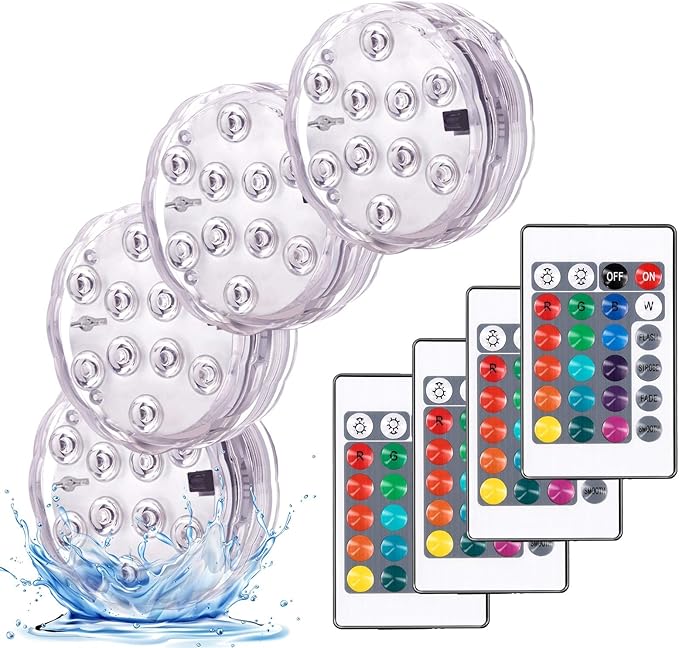 YiaMia Submersible Led Battery Operated Spot Lights with Remote, Decorative Fish Bowl Small Lamps for Aquarium Vase Base Pond Wedding Halloween Party (4 Pack)