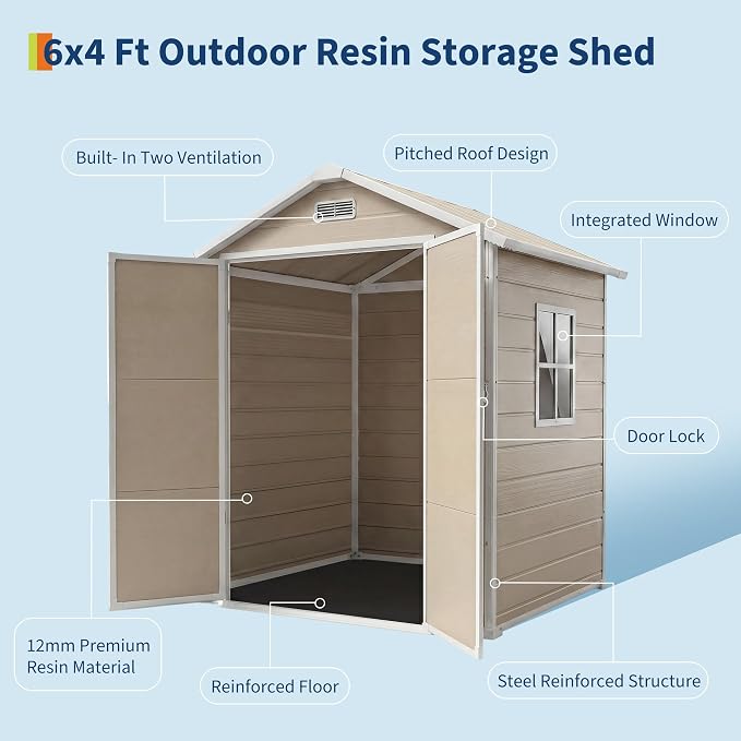Resin Outdoor Storage Sheds 4x6 ft, Upgraded Double-Wall Outdoor Plastic Shed with Window & Double Doors, Waterproof Lockable Garden Shed (Light Brown, 6 X 4 ft) - Image 4