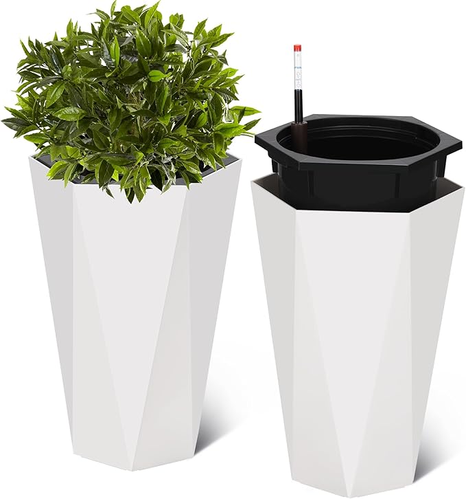 GarveeLife 22.5 in Tall Diamond Planters Set of 2, Self Watering Planters with Water Level Monitor and Wheels, Flower Pots Outdoor and Indoor for Patio, Porch, Living Room, Home Office, White