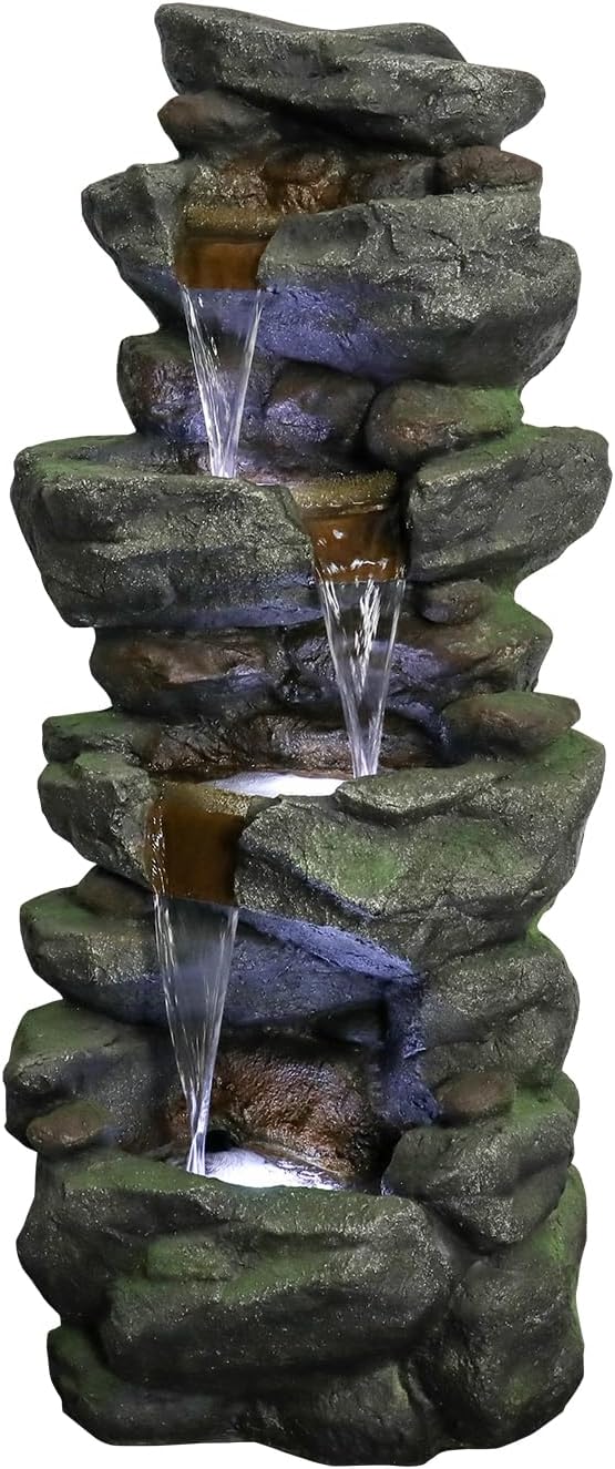 SunJet 40in Outdoor Water Fountain with LED Lights - 4-Tier Polyresin Rock Water Fountain for Home Garden, Yard, Patio, Deck Decor - Soothing Tranquility Floor-Standing Fountains