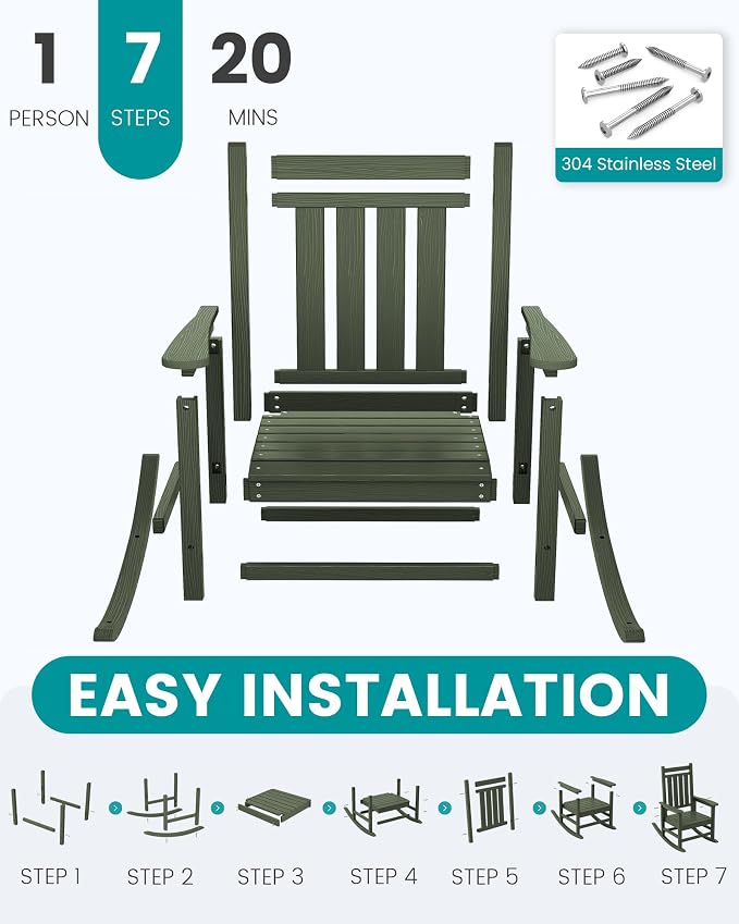 SEWALL HDPE Rocking Chair, Oversized Outdoor Rocking Chair for Adults, Patio Rocker for Porch, Avocado Green - Image 5