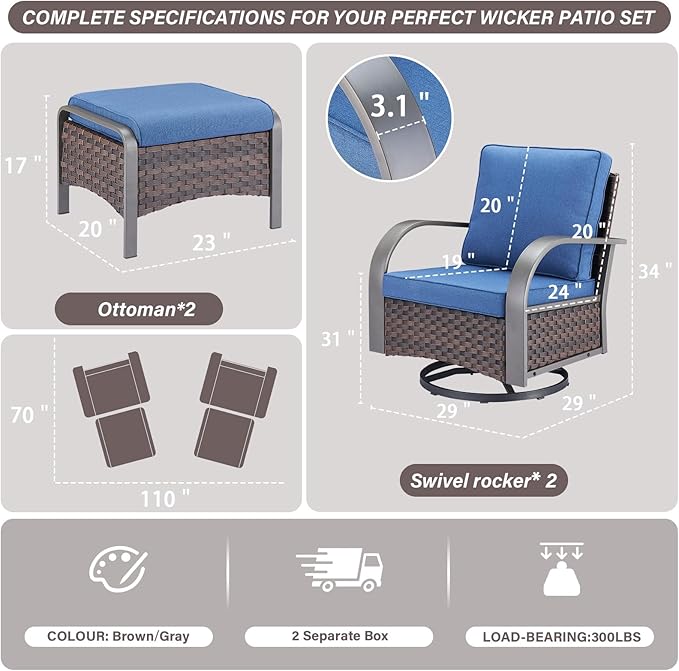 Belord 4 Pieces Patio Furniture Sets - Swivel Rocker Outdoor Chairs with Ottomans, All Weather Wicker Swivel Furniture Glider Seating Set for Porch Deck Sunroom Backyard