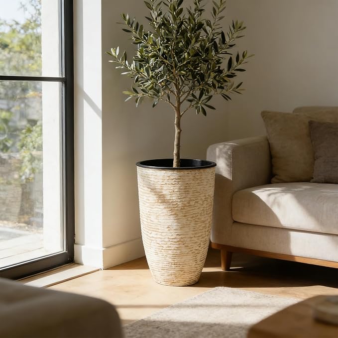 Worth Garden 21" H Beige Tall Planters set of 2 with Inside Pots - 14'' Dia Plastic Large Round Plant Tree Pots with Drain Hole - Decorative Imitation Stone Finish for Indoor Outdoor Front Porch Patio