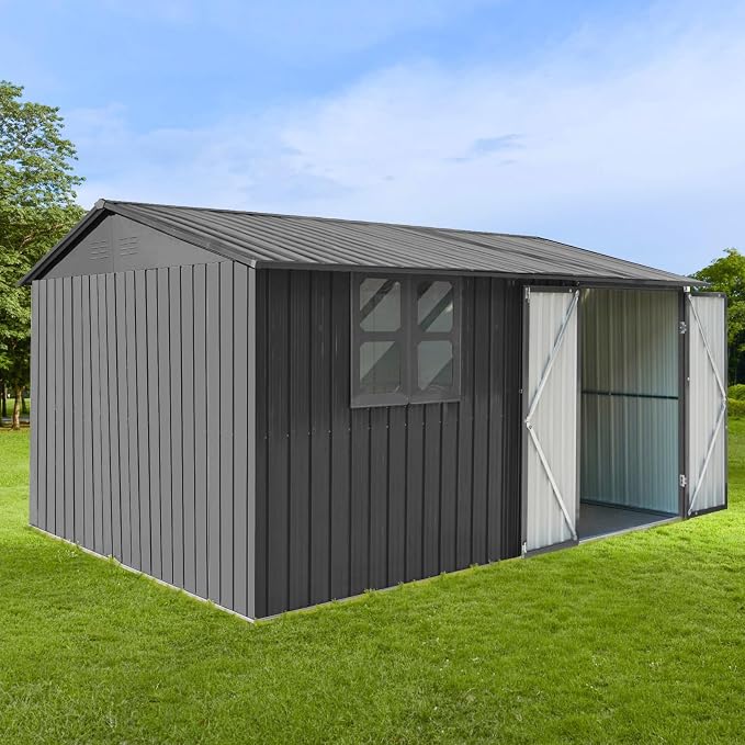 10x12 FT Outdoor Storage Shed, Large Metal Garden Shed with Window & Hinged Door, Upgraded Outside Tool Shed with Foldable Worktable & 2 Shelves, Waterproof Storage Building for Backyard, Gray - Image 7