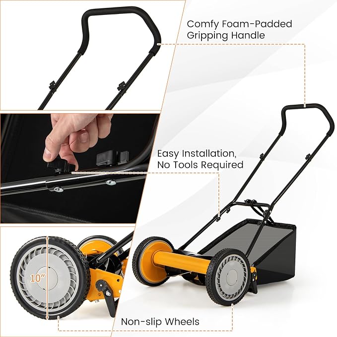 16" Manual Rear Mower, Push Lawn Mower with 5 Steel Blades, Adjustable Cutting Heights & Grass Catcher Bag, Walk-Behind Grass Cutter Lawn Sweeper for Garden, Park & Yard (Orange) - Image 6