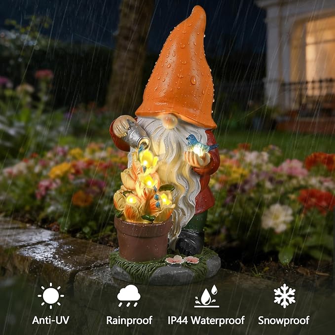 Solar Gnome Statue Outdoor Decor,Gnome Figurines with Flower LED Light for Garden Decorations for Patio Lawn Balcony Fairy Gardens,Housewarming Gifts for Women Mom