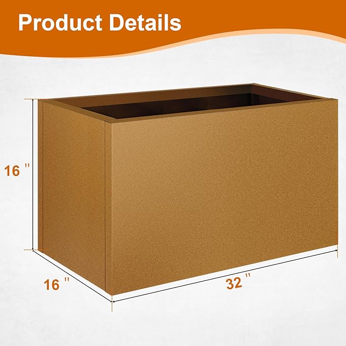32"x16"x16" Corten Steel Planter Box, Rustic Metal Planter with Drainage Holes, Rust & Weather Resistant for Patio Garden Indoor Outdoor Commercial Use