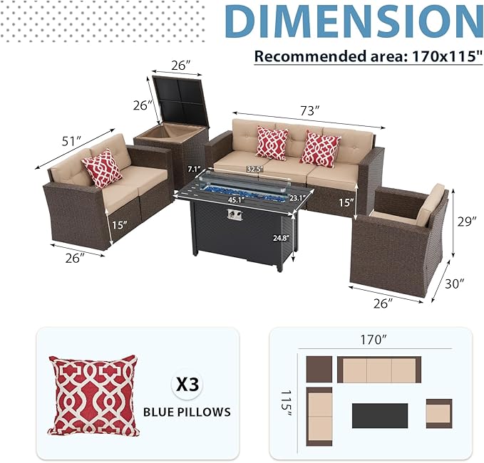 JOIVI 8 Pieces Rattan Patio Furniture Set with 45” Fire Pit Table, Outdoor Conversation Set with 50000 BTU Gas Fire Pit, Wicker Sectional Sofa with Storage Box and Cushions, Beige (Without Table)