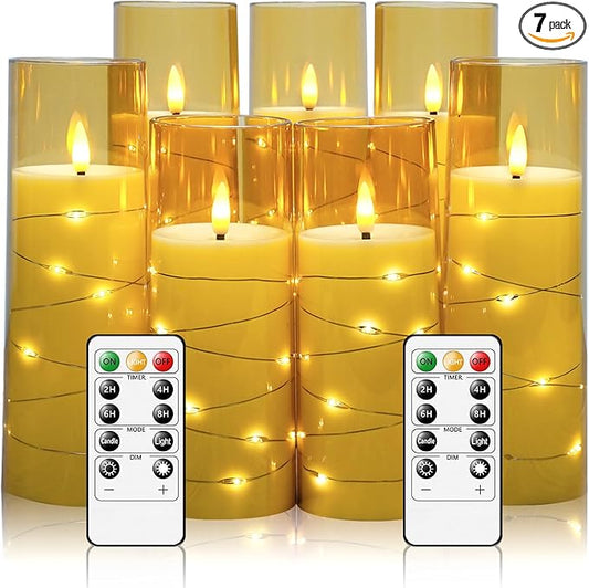 Flameless Candles with Embedded Star String, Battery Operated LED Pillar Candles with Timer and Remote Control,Home Decorating for Ambiance， Set of 7 (Gold)