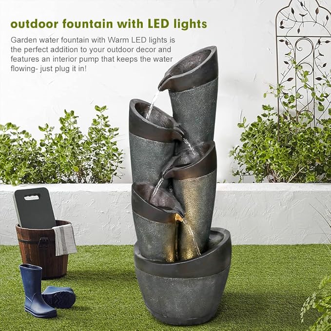 39.3" Indoor/Outdoor Garden Water Fountain with LED Lights, Pillars & Irregular Bowl Floor-Standing Fountain, 5-Tiers Cascading Waterfall Feature for Home Garden Decor