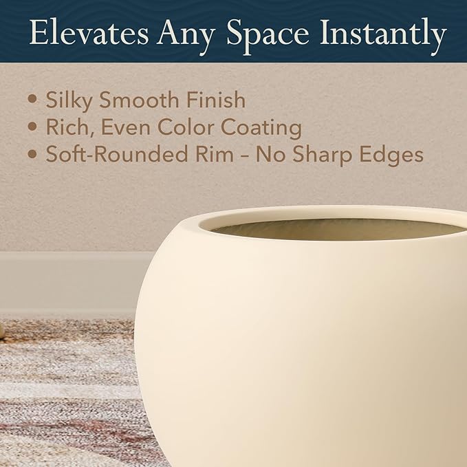 16" H x 20" D Premium Globo Fiberstone Round Planter with Drainage Hole, Weather Resistant for Indoor and Outdoor Use, Included 2 Extra Coco Mats (Kilim Beige, 13.5" Pot Opening)