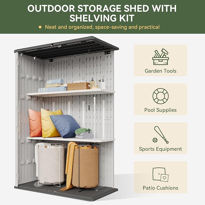 Aoxun White Resin Outdoor Storage Shed with 2 Shelves & Floor, 64 Cu.Ft Vertical Waterproof Cabinet for Garage, Pool, Bike, Garden Tools, Patio Furniture - Image 2