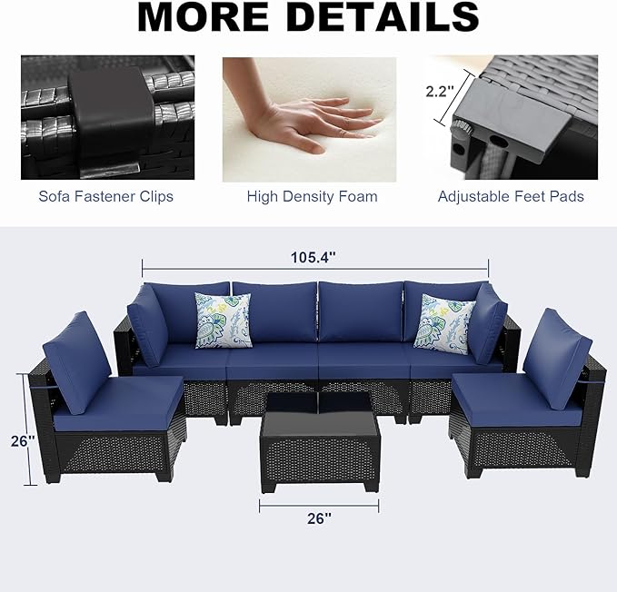 Peacabo7 Pieces Patio Furniture Set, Outdoor Sectional Rattan Sofa Set, Wicker Patio Conversation Set with Cushions and Glass Coffee Table, for Balcony, Porch, Garden, Coffee and Blue