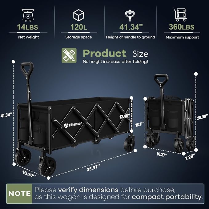 Hikemoon 34'' Extra Long Collapsible Wagons Carts Foldable, 360LBS Heavy Duty Folding Beach Wagon Cart with Wheels, Portable Utility Outdoor Wagon for Grocery, Shopping, Garden, Sports, Camping, Black - Image 4