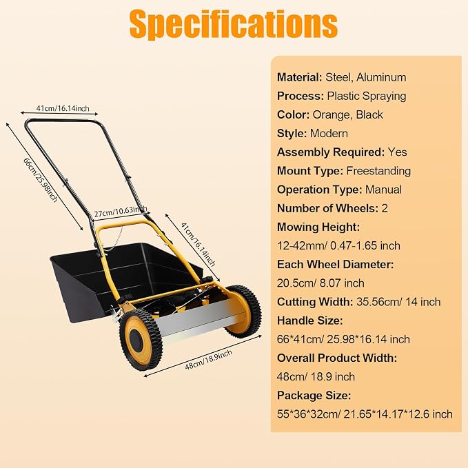 14Inch Manual Lawn Mower, 4-Blade Manual Reel Push Behind Machine, Walk-Behind Mowers Outdoor Equipment with Grass Catcher Bag for Green Lawns Driveways & Courtyards - Image 2