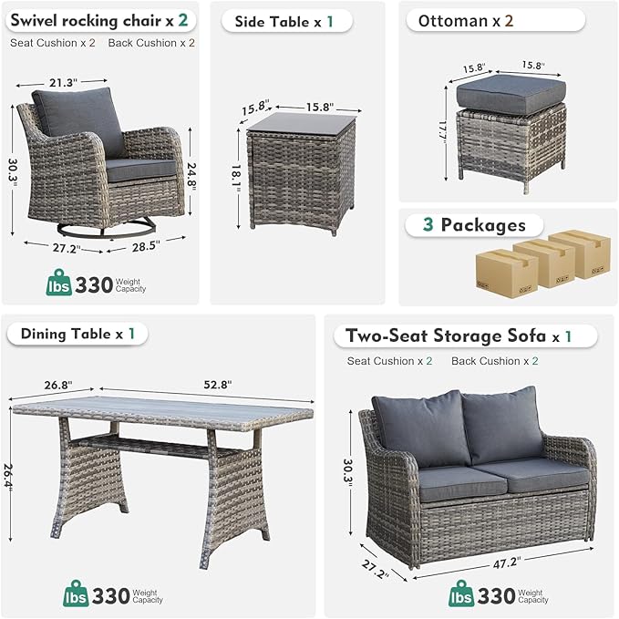 MEISSALIVVE 7 Pieces Outdoor Patio Furniture Set with Swivel Chairs, Wicker Patio Conversation Set, Patio Sectional Furniture Set with with Loveseat, 2 Ottomans and Dining Table (Grey)
