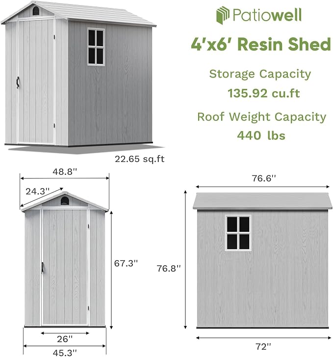 Patiowell 4 x 6 FT Plastic Outdoor Storage Shed with Floor, Resin Shed Outside Tool Shed with Window and Lockable Door for Backyard Garden Patio Lawn, Light Gray (Fit-it Shed) - Image 2