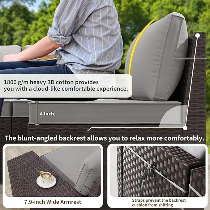 Gotland 12 Pieces Patio Furniture Set, Wicker Outdoor Sectional with Wide Armrests 29.5'' High Backrest 4'' Thick Waterproof Cushions, Oversized Patio Furniture for Deck Garden Gray