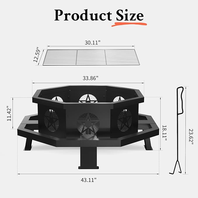 Verdeluxe 43 Inch Octagonal Fire Pit with Cooking Grill,Outdoor Wood Burning Fire Pit for Camping Outside Picnic Bonfire,Heavy Duty Firepit for Backyard Garden Patio - Image 5