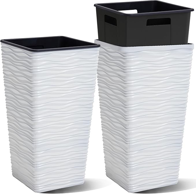 Worth 2 Pack 22" Tall Plastic Square Tapered Planter with Inside Pots for Indoor or Outdoor Use, Modern Wavy Finish for Front Porch or Deck, White