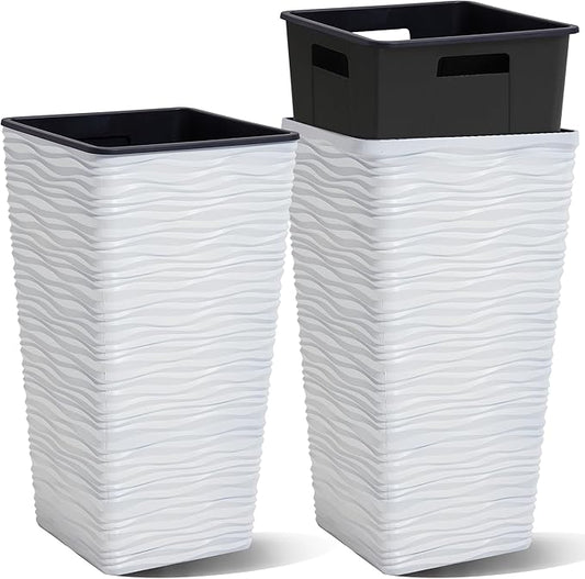 Worth 2 Pack 22" Tall Plastic Square Tapered Planter with Inside Pots for Indoor or Outdoor Use, Modern Wavy Finish for Front Porch or Deck, White