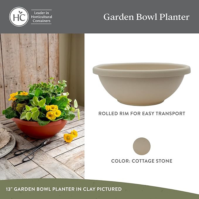 The HC Companies 15.5 Inch Shallow Garden Bowl Plant Pot with Drainage, Lightweight UV-Resistant Plastic Planters for Succulents & More, 2-Pack Planters for Indoor Outdoor Home Decor, Cottage Stone