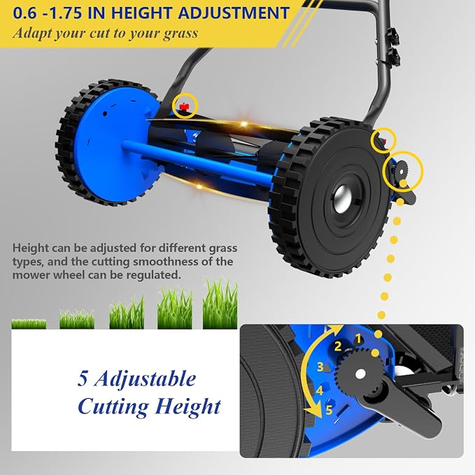 16-Inch Reel Lawn Mower with Tool-Free Blade Adjustment, 5-Blade Manual Push Lawn Mower, 5-Position Height Adjustable Hand Push Reel Mower - Image 2