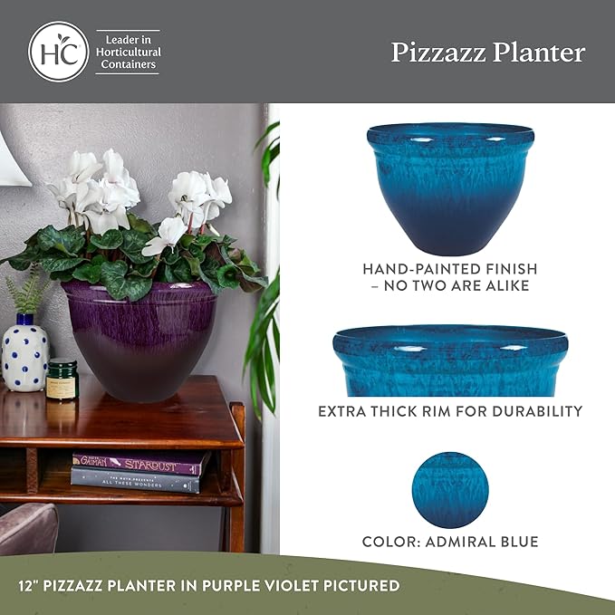 The HC Companies 12 Inch Pizzazz Round Planter Pots with Ceramic Look, Lightweight UV-Resistant Plastic Indoor & Outdoor Planters, 2-Pack Flower Pots for Garden & Home Decor, Admiral Blue