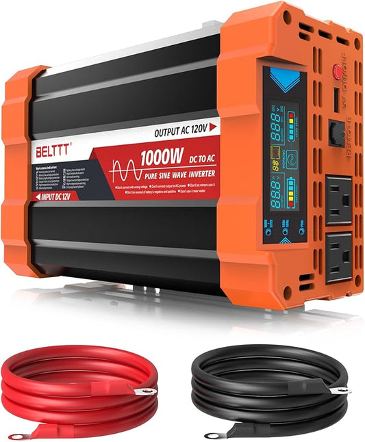 BELTTT 1000Watt Pure Sine Wave Inverter 12V DC to 120V AC for RV, Truck, Off-Grid, Solar Inverter 12V to 110V Converter with Dual AC Socket and 5V 2.1A USB, Power Inverter, Intelligent LCD, 2000W Peak by BELTTT
