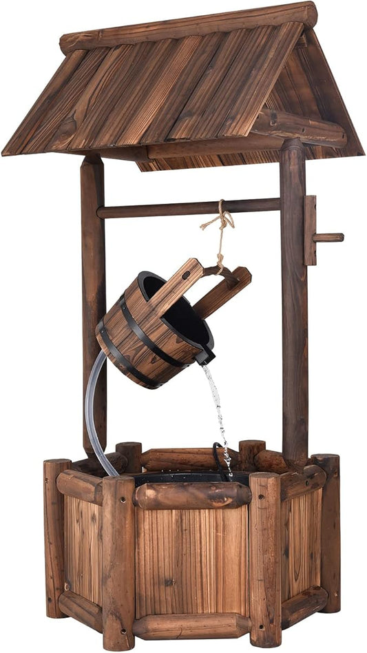 Giantex Wishing Well Water Fountain Outdoor, Rustic Wooden Waterfall Fountain with Electric Pump, Water Bucket, Freestanding Decorative Wishing Well Water Feature for Backyard Patio Garden Lawn