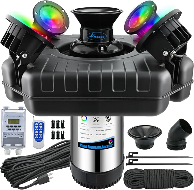 Pond Fountain Aerator with Lights Dynamic RGB Light 1HP 750W Floating Fountain for Pond Lake, 110V 15000 GPH Fully Automatic Stainless Steel Fountain Pump 100Ft Cord with 4 LED Lights and Nail, Rope