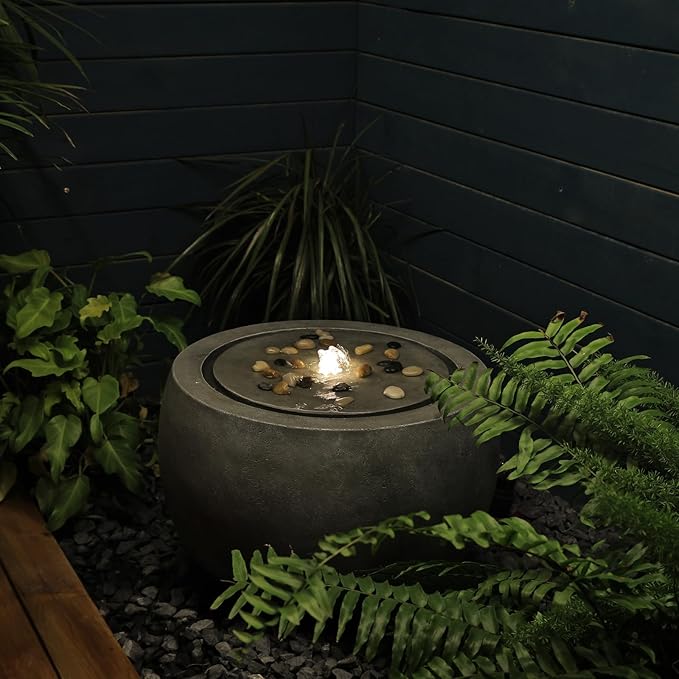 Garden Medium Water Fountain Outdoor Bubbler Water Feature Indoor with Lights & Pump and Pebbles Waterfall Fountains for Patio Deck Yard Home Decor Gray, 18 "L x 18" W x 11.5" H