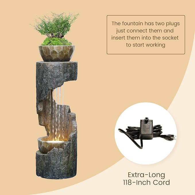 Outdoor Fountain Garden - Patio Waterfall Fountain with Lights, Rustic Wood-Style Cascading Waterfall with Planter Bird Feeder, Resin Water Feature for Deck, Patio, Backyard or Porch, 33.9" H