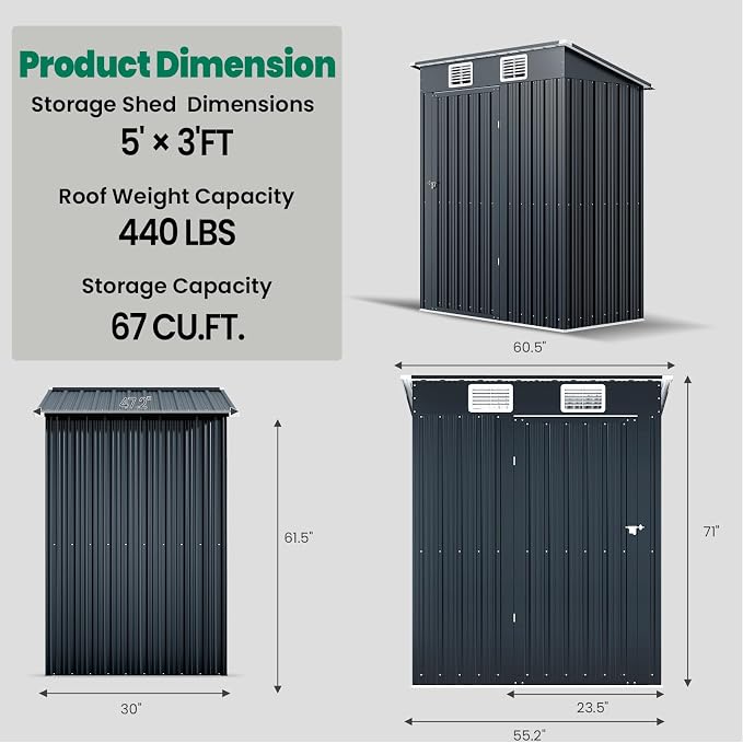 5x3 FT Outdoor Storage Shed, Weatherproof Garden Shed with Lockable Double Doors, Sloped Roof & Ventilation for Backyard, Patio, Poolside - Image 2
