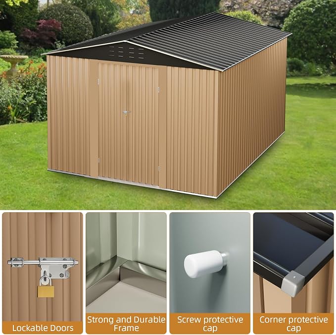 10x10FT Outdoor Metal Storage Shed, Lockable Weatherproof Garden Shed for Tools & Equipment, Durable Galvanized Steel with Sloping Roof & Ventilation, Ideal for Backyard, Patio & Garage Storage, Brown - Image 5