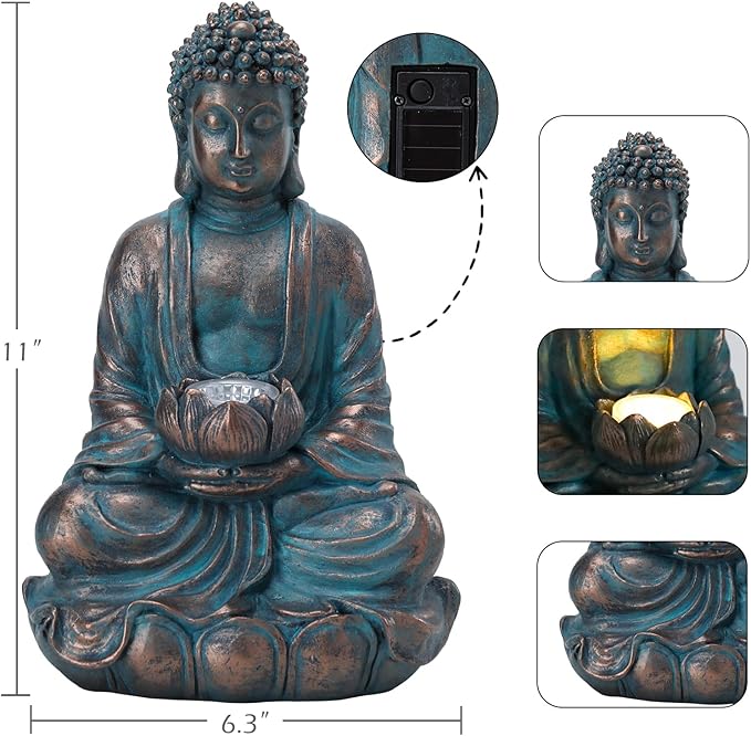 Bshine Solar Buddha Statue Outdoor Lights - 11x6 Inch Waterproof Garden Statue with Lotus, Meditation Zen Spiritual Room Decor for Yard, Patio, Buddha Figurine for Home Garden Decor Indoor