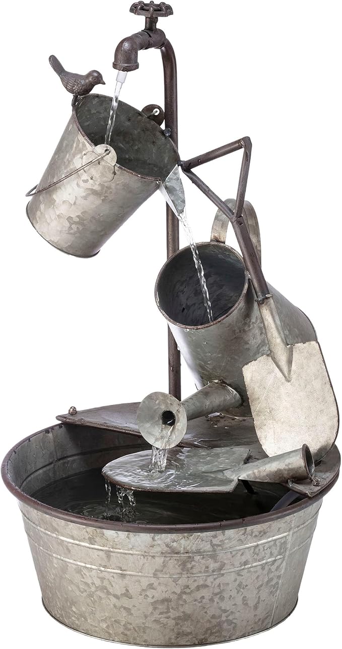 Alpine Corporation YHL106 Outdoor Floor 3-Tiered Metal Garden Tools Water Fountain, Tools and Faucet Waterfall, 28", Gray