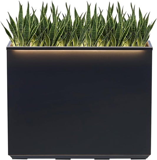 Wallowa Metallic Heavy Outdoor Planter Box with LED Light, Span Planter, Pure Black with Hand Brushed Gold Rim, Long and Tall Divider Planter, No Assembly and Seamless, 38”Lx10”Wx30”H Black
