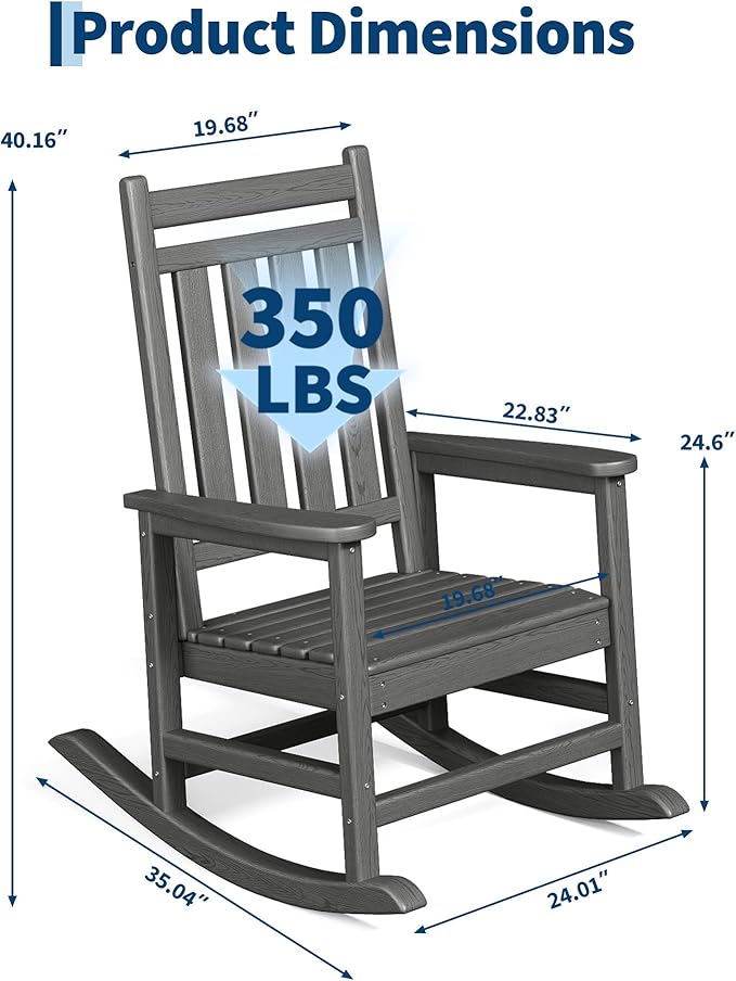 Garvee HDPE Rocking Chair Outdoor Set of 4 with 2 Side Table - Poly High Back Porch Rocker Chairs for Adults - All Weather Resistant Furniture for Patio Front Porch - Gray - Image 2