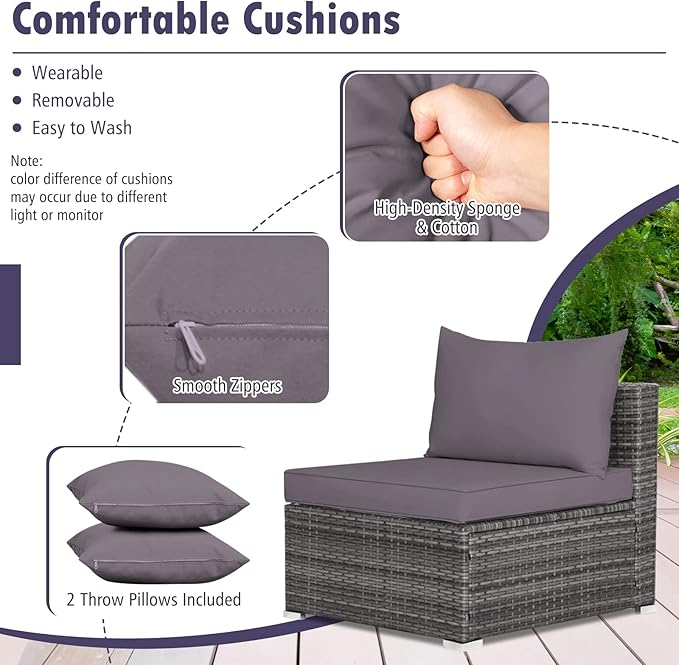 Tangkula 7 Piece Patio Wicker Furniture Set, Outdoor Rattan Sectional Sofa Set for 6 with Seat & Back Cushions, 2 Throw Pillows, Sofa Fastener Clips, for Backyard, Poolside, Deck and Garden (Gray)