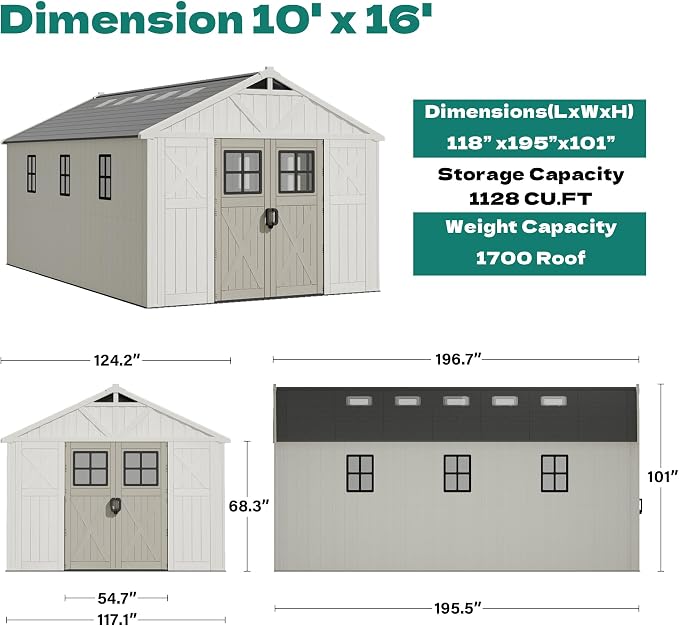 Devoko 10x16 FT Resin Storage Sheds with Floor, Large Plastic Outdoor Garden Shed with Windows & Lockable Doors, Outside Utility Storage Tool Shed for Patio Backyard Lawn, Beige - Image 2