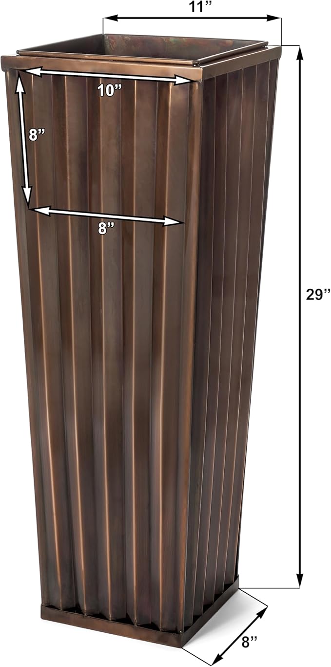 H Potter Tall Ribbed Copper Planters Set of 2 Indoor Outdoor – Antique Copper Stainless Steel Floor Planters with Inserts & Drainage – Large Decorative Entryway Patio Porch Planter Set