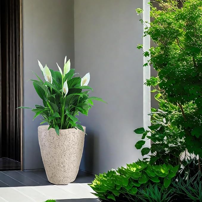 10 inch Garden Planter Lightweight Indoor Outdoor Pots with Drainage Hole for Potted Plants Flowers Greenery, Set of 2 (Beige Grain Texture)