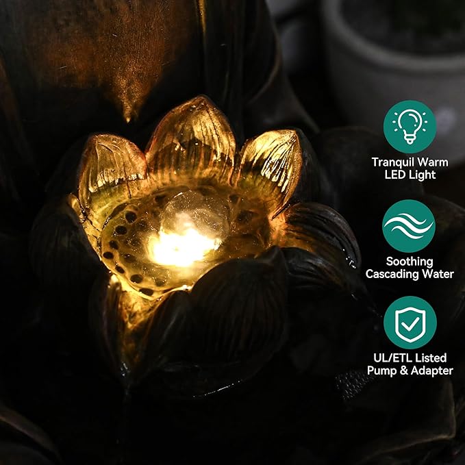 29" Outdoor Fountain, Zen Meditating Buddha Water Feature with LED Lights, Resin Lotus Soothing Cascading Waterfall for Patio, Backyard, Garden or Porch