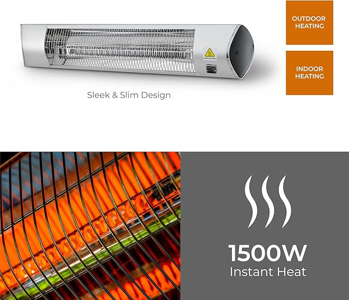 Kenmore Wall Mouted Electric Outdoor Heater for Outdoor Patios or Decks, 3 Heat Levels, 1500W Instant Heating, 24h Timer, Waterproof, Remote Included, Wall-Mouting Brackers Included