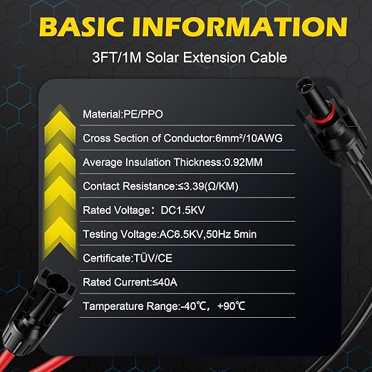 3Ft Solar Cable Solar Extension Cable,10AWG Solar Panel ExtensionCable with Female and Male Connectors,Waterproof Solar ExtensionCable Kit (Red and Black). - Image 3