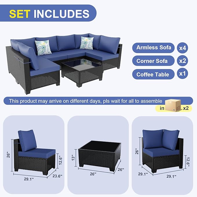 Peacabo7 Pieces Patio Furniture Set, Outdoor Sectional Rattan Sofa Set, Wicker Patio Conversation Set with Cushions and Glass Coffee Table, for Balcony, Porch, Garden, Coffee and Blue